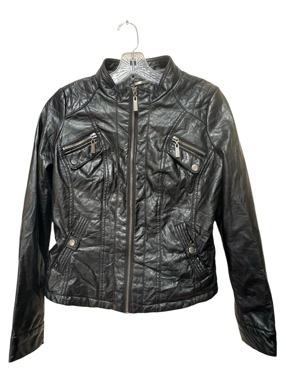 J2 Y2K Black Faux Leather Moto Jacket Small Cropped Biker Grunge